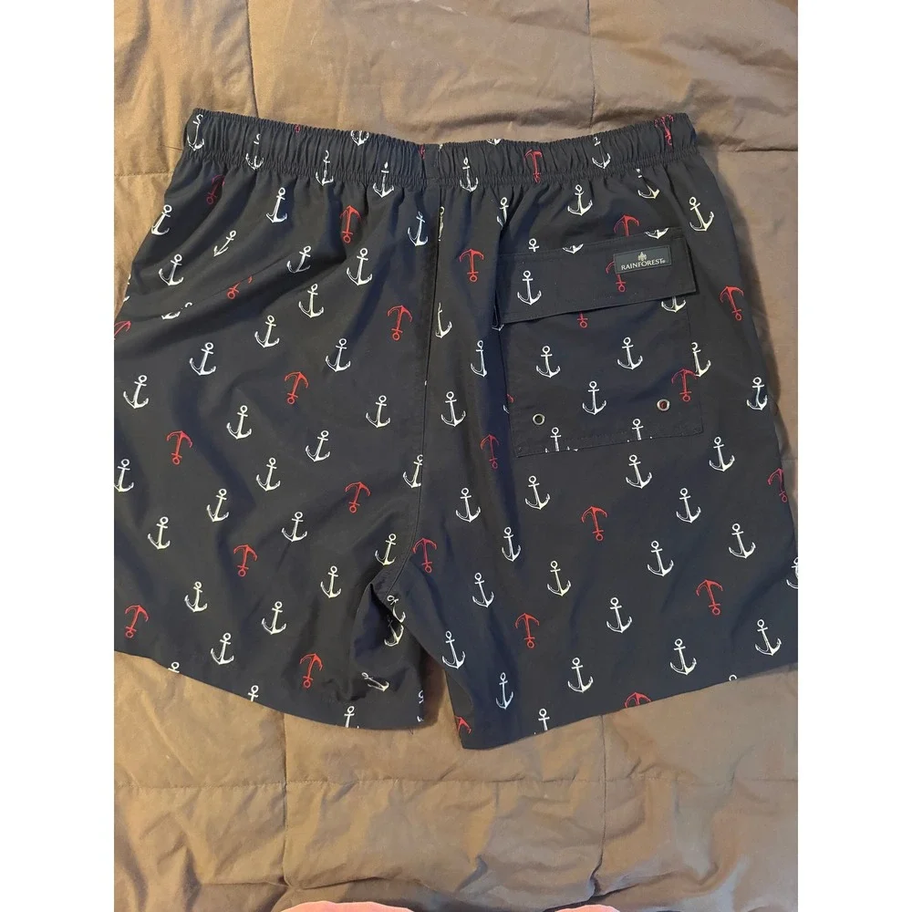 Rainforest Mens Navy Blue Anchor Print Swim Trunks Shorts Large